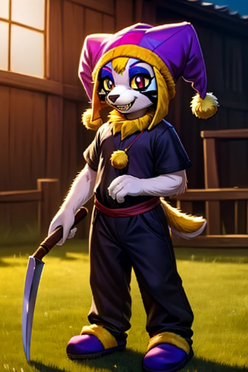 1girl, furry, anime, a furry girl in green and black jester clothes, jester hat, jester makeup, black eyes with small yellow pupils, yellow teeth, evil smile, holding medieval mowing sickle, medieval jester clothes, detailed roundabout background, a mask, a purple shirt, black trousers, a black cape, light green slippers, purple mittens, a lime yellow clown collar around the neck, a black and purple clown cap with two small yellow bells