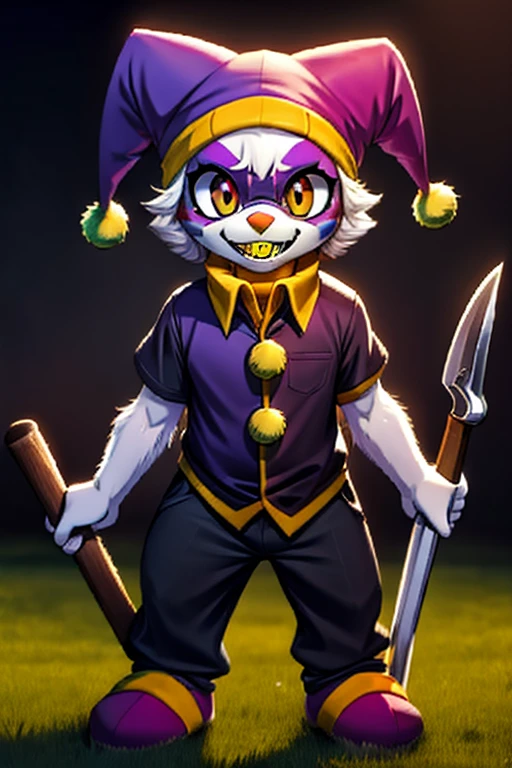 1girl, furry, anime, a furry shark girl in green and black jester clothes, jester hat, jester makeup, black eyes with small yellow pupils, yellow teeth, evil smile, holding medieval mowing sickle, medieval jester clothes, detailed roundabout background, a mask, a purple shirt, black trousers, a black cape, light green slippers, purple mittens, a lime yellow clown collar around the neck, a black and purple clown cap with two small yellow bells