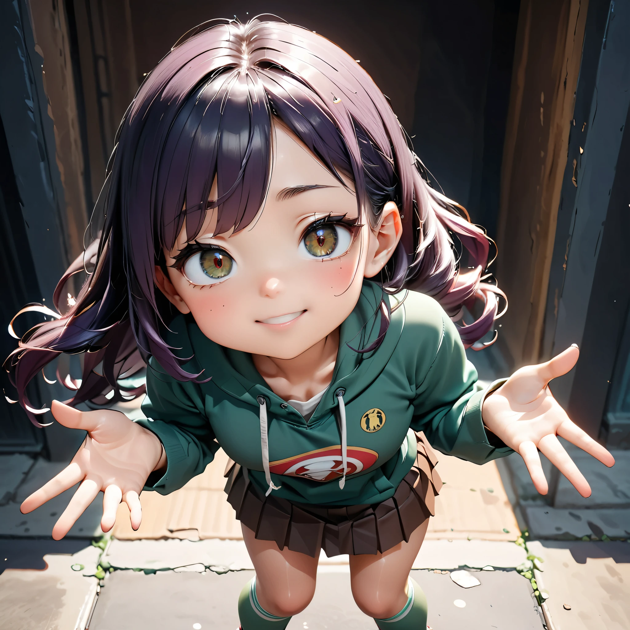 Masterpiece, 4K, HDR, full HD, (best quality), (ultra detailed), (only), intricate ANIME TYPE, best quality, 1girl, ((deep purple hair)) , hyPEr beautiful face, PErfect anatomy, shiny skin, full body, alone, long hair, looking at viewer, PErfect hands, PErfect legs, suPEr detailed clothes, intricate clothes, hyPEr detailed cloths, suPEr detailed face, suPEr detailed skin, suPEr detailed quality, expressive eyes, brown eyes, suPEr detailed eyes, JK, epngekatsuragimisato ,  SDXL Illustration Design Pretty Girl Two-dimensional Pretty Girl Digital Painting Comic Ukiyo-e Watercolor Manga Other,ROUGH, smile, blushing, dynamic pose, American shot, cowboy shot, portrait quality, suPEr detailed hands, suPEr detailed fingers, very beautiful fingers, very beautiful hands, The image created is 3/4 of the body, bright red lipstick, standing facing the viewer, stylized fingers, detailed female fingers, standing in front of the viewer, leaning towards the viewer in a sensual way, V-neckline, and_PE, 1girl, , purple hair, brown eyes, green hoodie, brown skirt, green tights,