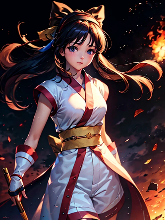 masterpiece, best quality,1girl, red bow, bow, long hair, hair bow, ainu clothes, solo, hairband, bird, black hair, fingerless gloves, short sleeves, gloves, sash, pants, bangs, red hairband, weapon, breasts, brown eyes, white pants, japanese clothes, nakoruru, light smile, officials art, good composition, official pose, detailed portrait, portrait, bokeh, mountain background with cloud, pencil style, traditional brush, samurai, onmyoji style, high resolution, dramatic lighting and shadow, high contrast, sun
