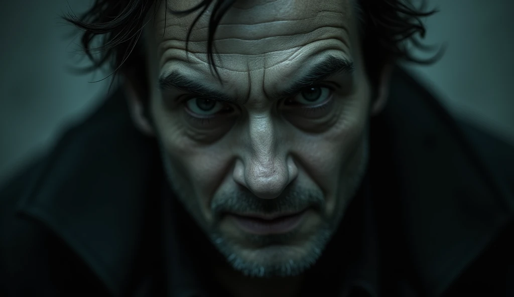 A close-up of a sinister man's face, 16:9 aspect ratio. His expression is intense and unsettling, with dark, hollow eyes, a slight smirk, and sharp facial features. His skin is pale with shadows accentuating his cheekbones, and his gaze is piercing, almost as if he's looking directly at the viewer. The background is dark and out of focus, adding to the eerie atmosphere. His hair is slightly disheveled, and subtle scars or wrinkles give him a mysterious, haunting look. The lighting is dim and dramatic, with shadows that enhance his sinister appearance