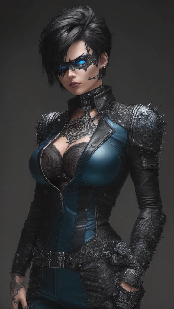 Nova has short, spiky black hair, piercing blue eyes, and wears a sleek black jumpsuit with a utility belt.
(masterpiece),((Highly detailed lblack short hair)),((expressive blue eyes)),(Highly detailed black biker outfit),deep cleavage,serious expression,extremely beautiful mature woman, milf,pale white skin,silver jewelry,best quality,cel shading,8K HD,highly detaild face, highly detaild eyes,flat color,(fullbody angle),high contrast,ufotable art style,contrapposto,white background
Tattoo Black Mask SKULL Black Eyepatch Best Quality, UHD, Quality, High Quality, Black Hair, Odd Eye Mesh Color Glowing Light, Cinematic Lighting, Chromatic
