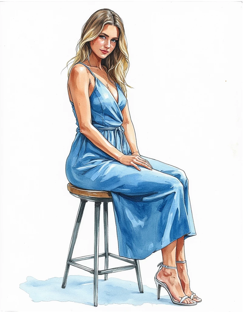 painting of a woman sitting on a stool in a blue dress, solo portrait 🎨🖌️, loose watercolor drawing, pen and watercolor, leaning into watercolor, watercolor sketch, gouache and ink, figure portrait, watercolor drawing, watercolor on paper, watercolor on paper, ink and watercolors, watercolor on paper, watercolor and ink, ink and watercolor