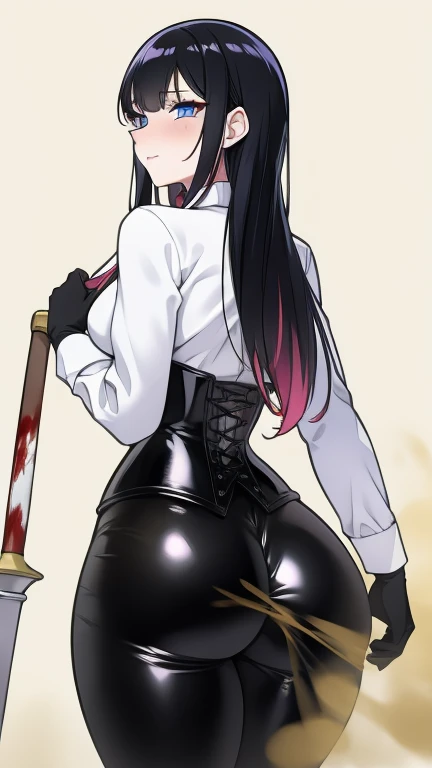 ((best quality)), ((masterpiece)), (detailed), (high resolution), perfect face, 1 Women, (violet slit eyes:1.3), (long black hair), Straight across bangs, (grown-up face:1.4), parted lips, medium breasts, lower body, (leaning forward:1.3), Stimulating, (anime coloring:1.1), (high angle:1.5), (Two old men:1.4), Stimulating, (man touch buttocks:1.2), (Yamashiro Ren), Mato Seihei no Slave, motion lines, motion blur, bouncing breasts , blunt bangs, hair ornament, add more details, military uniform, epaulettes, leashed pov , white gloves, looking at viewer, red cape, black pantyhose, masterpiece, hair ribbon, soles, (demand action:1.4), (They're touching her ass:1.4), (leashed short pants:1.3), (back angle:1.2), (pose for undressing:1.4),