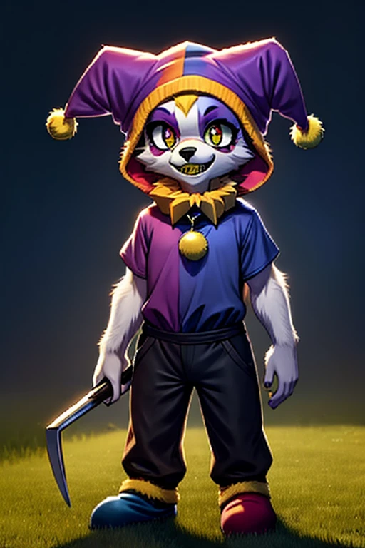 1girl, furry, anime, a furry wolf girl in green and black jester clothes, jester hat, jester makeup, black eyes with small yellow pupils, yellow teeth, evil smile, holding medieval mowing sickle, medieval jester clothes, detailed roundabout background, a mask, a purple shirt, black trousers, a black cape, light green slippers, purple mittens, a lime yellow clown collar around the neck, a black and purple clown cap with two small yellow bells