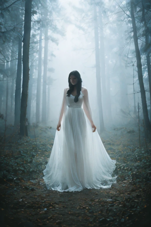 a transparent spooky ghost of woman wearing white with blood stain on the fabric, no legs, no feet, floating on air in a haunted forest, ethereal, misty, glowing, long black hair, pale white skin, surrounded by wispy fog, moonlight shining through the trees, moody atmosphere, dark forest, mysterious, (best quality,8k,highres,masterpiece:1.2), ultra-detailed,photorealistic,photo-realistic:1.37,dramatic lighting,cinematic, film still in 1960