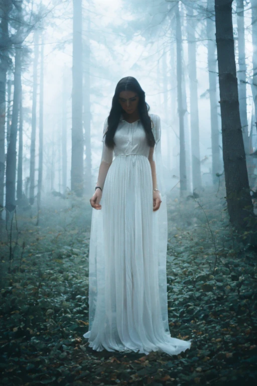 a transparent spooky ghost of woman wearing white with blood stain on the fabric, no legs, no feet, floating on air in a haunted forest, ethereal, misty, glowing, long black hair, pale white skin, surrounded by wispy fog, moonlight shining through the trees, moody atmosphere, dark forest, mysterious, (best quality,8k,highres,masterpiece:1.2), ultra-detailed,photorealistic,photo-realistic:1.37,dramatic lighting,cinematic, film still in 1960