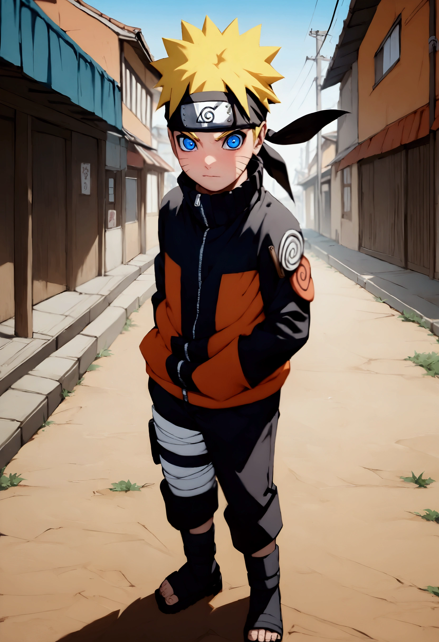 ( without deformations ) (beautiful) ( high quality image )  Naruto Uzumaki, bandana with pointed blond hair , a konoha , blue eyes,  black jacket with orange stripes on the arms,  black pants and ninja boots ,   standing upright .