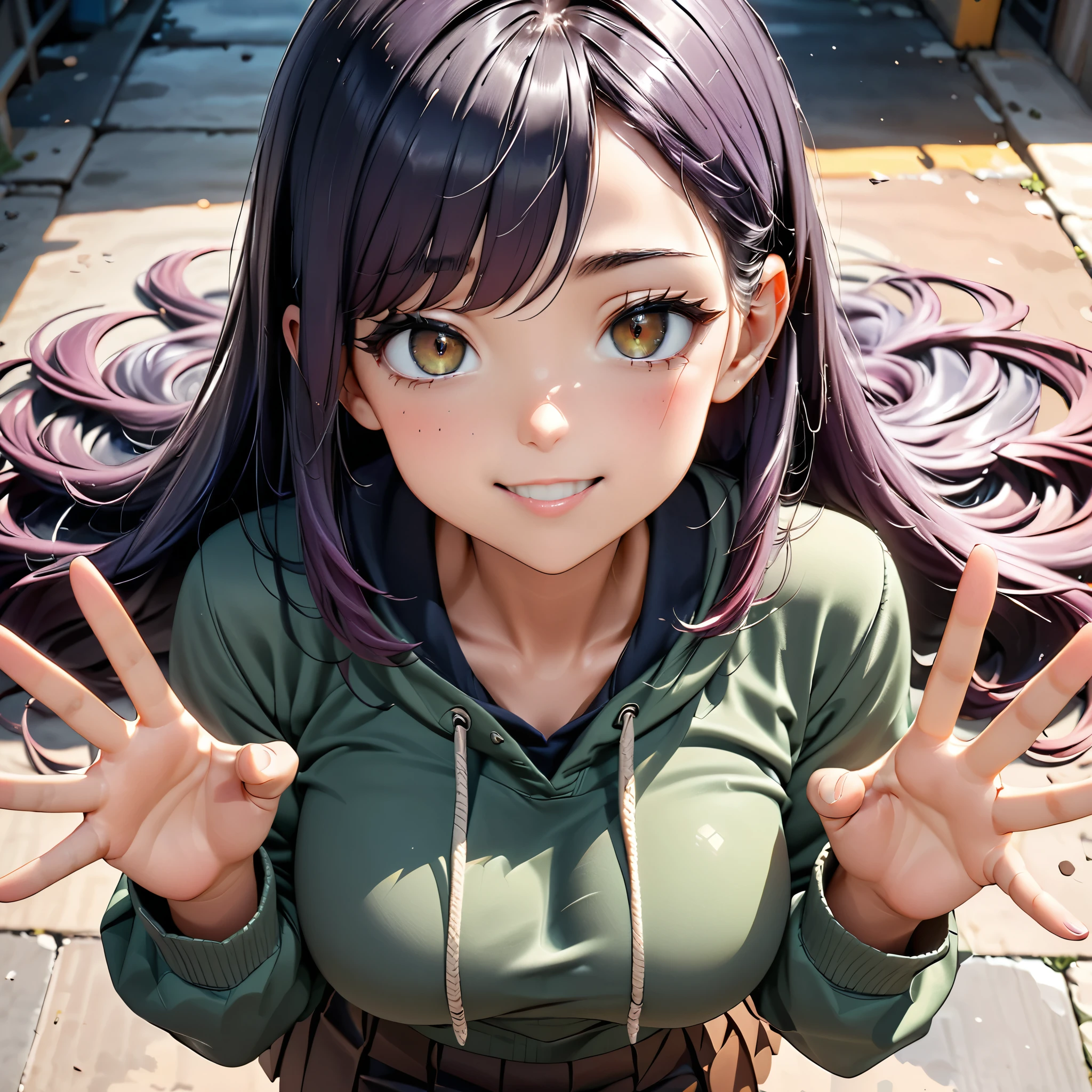 Masterpiece, 4K, HDR, full HD, (best quality), (ultra detailed), (only), intricate ANIME TYPE, best quality, 1girl, ((deep purple hair)) , hyPEr beautiful face, PErfect anatomy, shiny skin, full body, alone, long hair, looking at viewer, PErfect hands, PErfect legs, suPEr detailed clothes, intricate clothes, hyPEr detailed cloths, suPEr detailed face, suPEr detailed skin, suPEr detailed quality, expressive eyes, brown eyes, suPEr detailed eyes, JK, epngekatsuragimisato ,  SDXL Illustration Design Pretty Girl Two-dimensional Pretty Girl Digital Painting Comic Ukiyo-e Watercolor Manga Other,ROUGH, smile, blushing, dynamic pose, American shot, cowboy shot, portrait quality, suPEr detailed hands, suPEr detailed fingers, very beautiful fingers, very beautiful hands, The image created is 3/4 of the body, bright red lipstick, standing facing the viewer, stylized fingers, detailed female fingers, standing in front of the viewer, leaning towards the viewer in a sensual way, V-neckline, and_PE, 1girl, , purple hair, brown eyes, green hoodie, brown skirt, green tights,