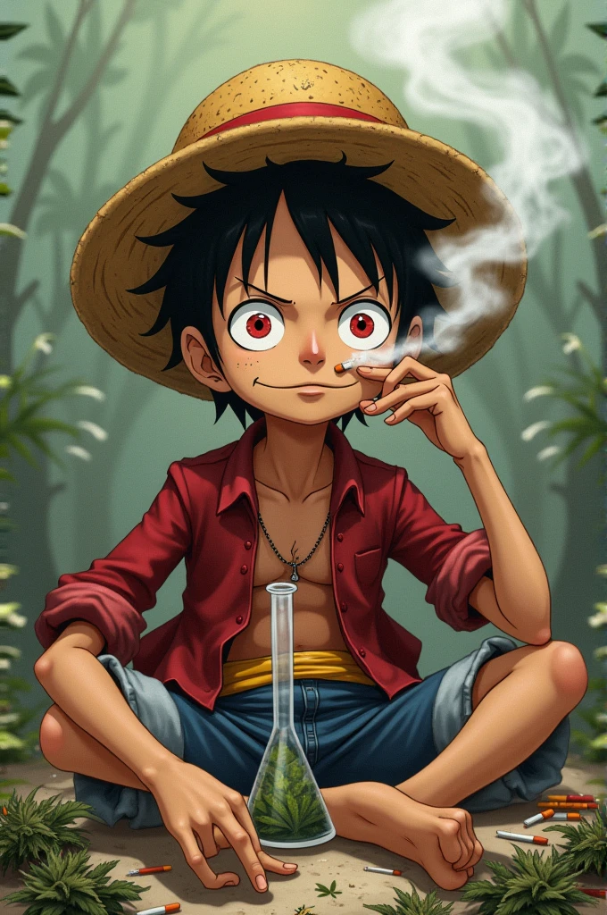 Make the one piece main character luffy holding a bong and a joker card on her other hand and add a cannabis plant background