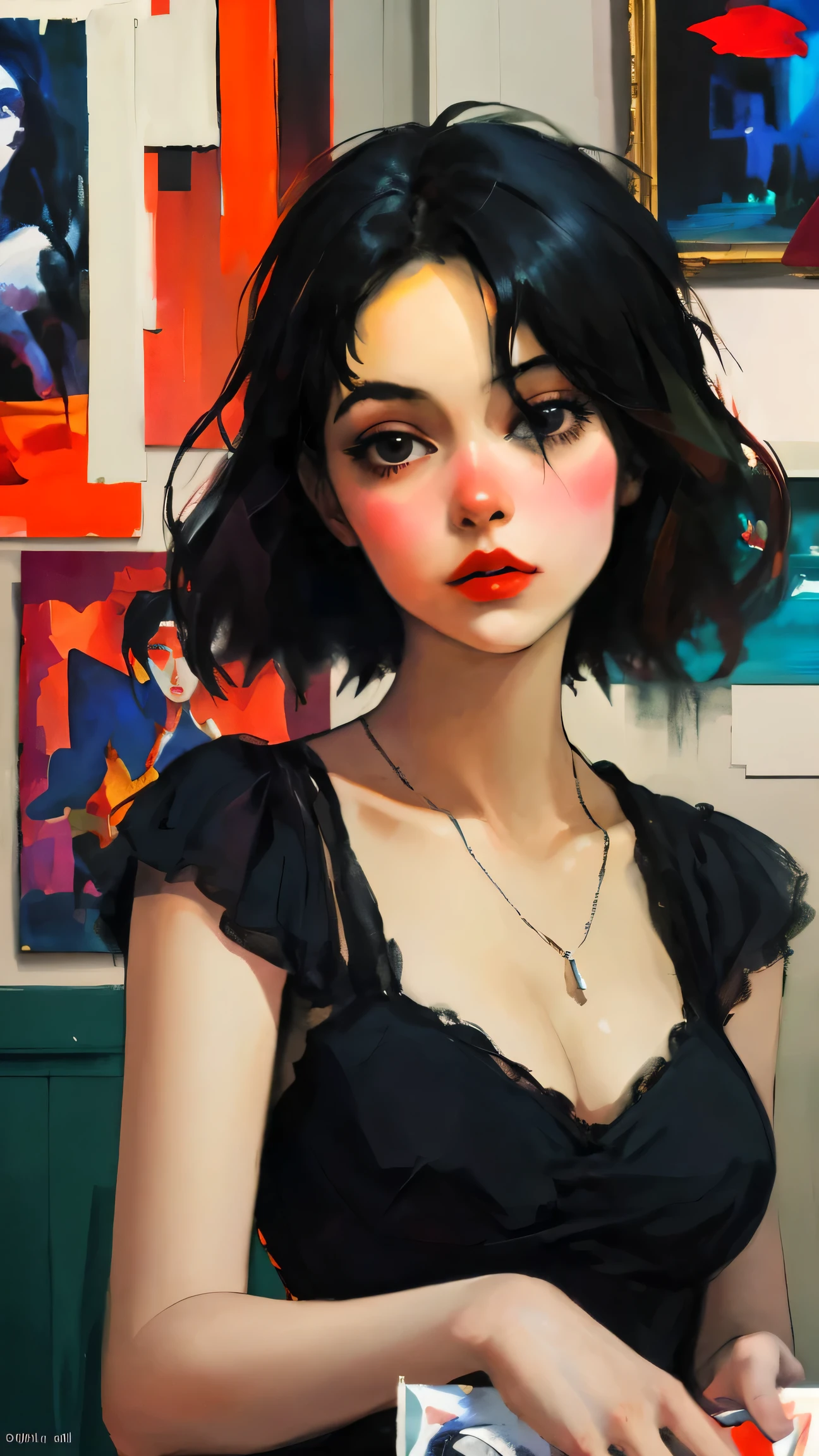 fuzzy, traditional art, Liu2, brush texture, check_9, check_8_up, check_7_up, check_6_up, check_5_up, check_4_up, BREAK 1girl, difficult, school outfit , (Eyeliner:1.2), I look at the viewer, black hair, chemical haircut, pale skin, Jewelry, detailed background, breast (masterpiece, high quality:1),
