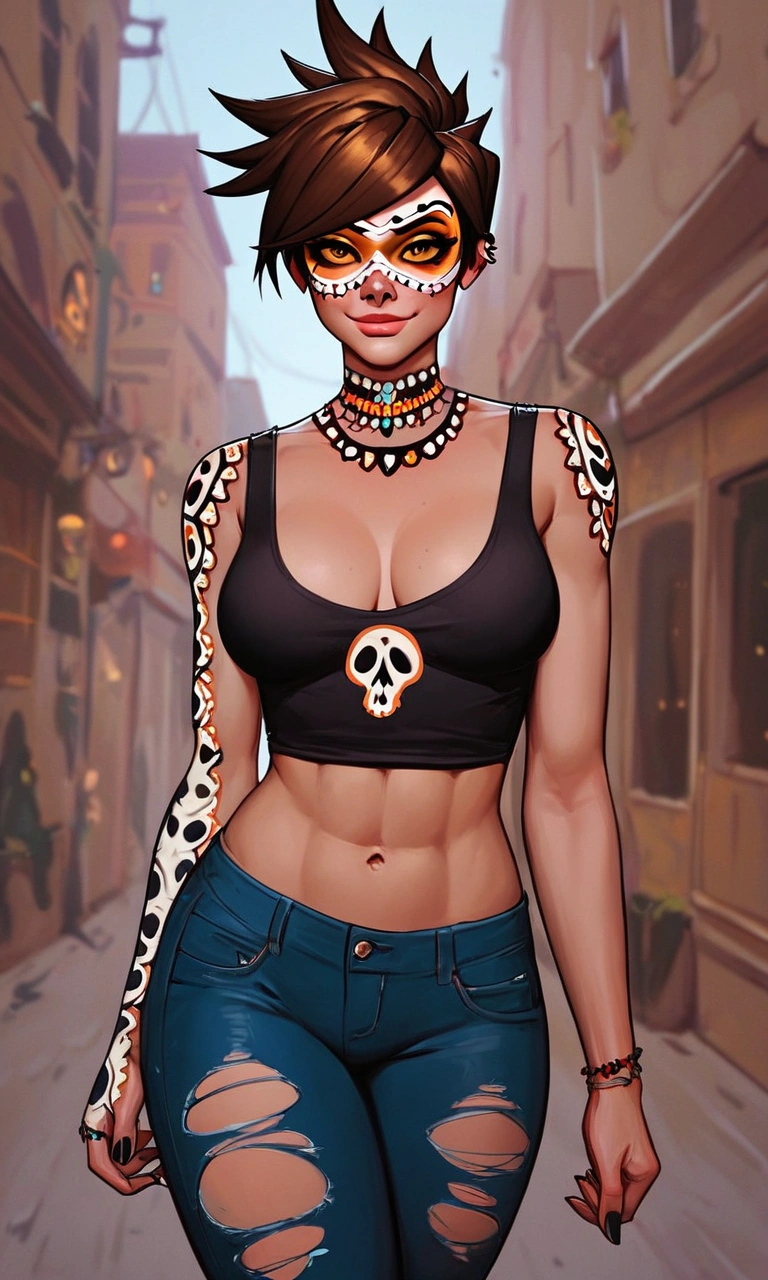 score_9, score_8_up, score_8, ecchi, 1girl, Tracer, (dia de los muertos:1.2), a purple and black skull tank top, ripped blue jeans. night time, walking down the city streets, cowboy shot, , , , midriff, cleavage, looking at viewer, seductive smile, meduim breasts, (slim fit), easynegative, thick thighs, toned body, outside, 