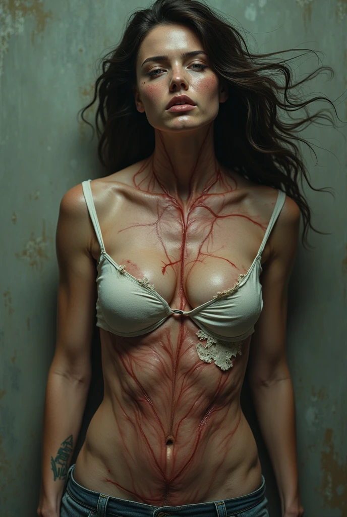 The picture shows one naked skinny gypsy woman with a zombie-like appearance, Under heavy drugs, Serious mental illness written on her face, Showing her pussy, Skinny body, prominent veins on her neck legs and hands, Sad, Sprayed with man's sperm on pussy, Less than four percent subcutaneous fat, Beautiful open pussy, Realistic pussy, Post-apocalyptic world, Shines on the pussy, Only one woman in the picture, Ugly environment, Ugly scenery, Abandoned well-equipped operating theater circa 1920, Ruined room, Woman looking at camera, Woman in center of picture, Realistic, Spread legs, Beautifull wet pussy, Extra thin legs
