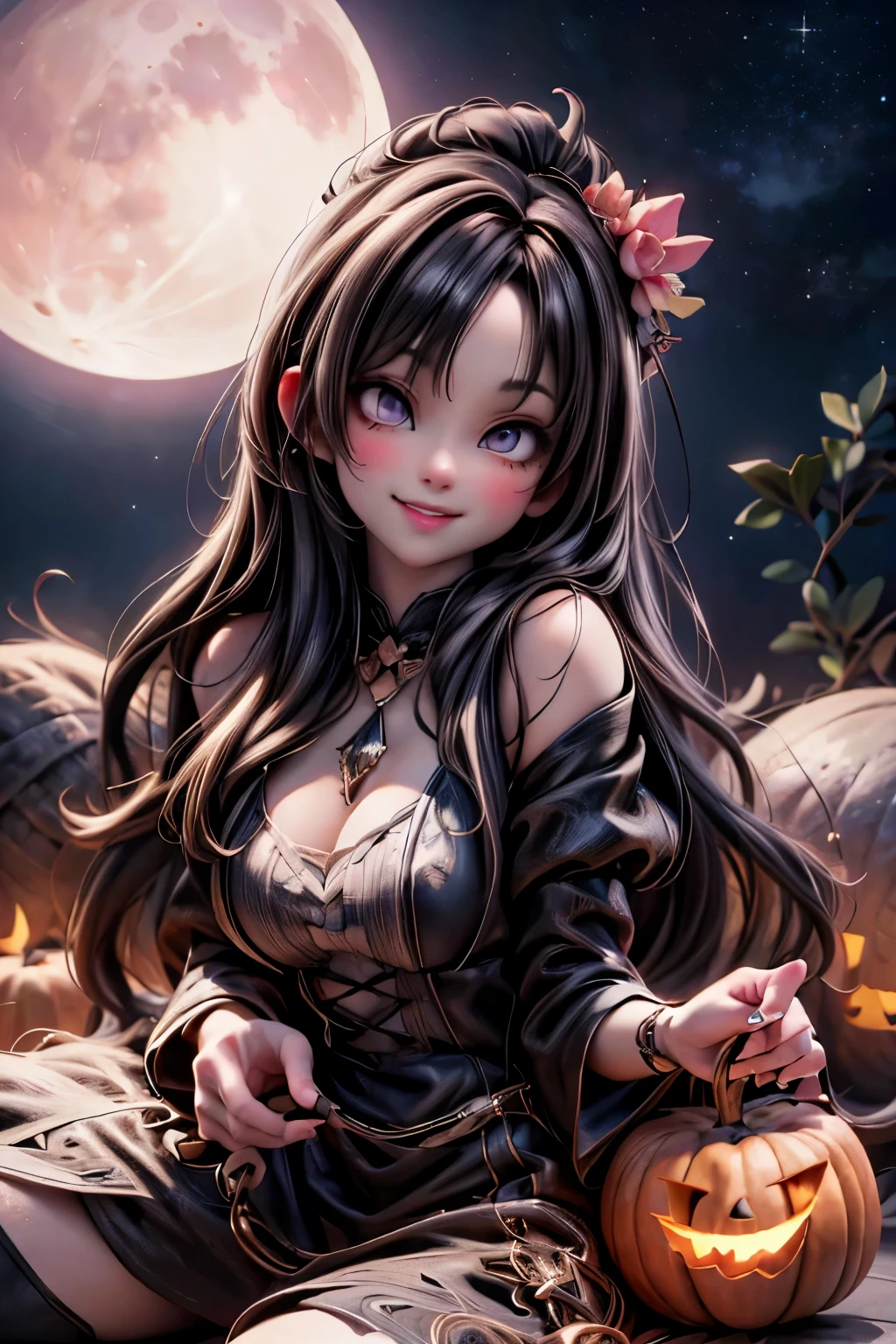 a cute witch smiling, carving a pumpkin, full moon at night, 1girl, beautiful detailed eyes,beautiful detailed lips,extremely detailed face and features, long hair, smiling, pumpkin carving, night sky, full moon, starry night, detailed environment, fantasy, vibrant colors, dramatic lighting, highly detailed, cinematic, photorealistic, (best quality,4k,8k,highres,masterpiece:1.2),ultra-detailed,(realistic,photorealistic,photo-realistic:1.37)