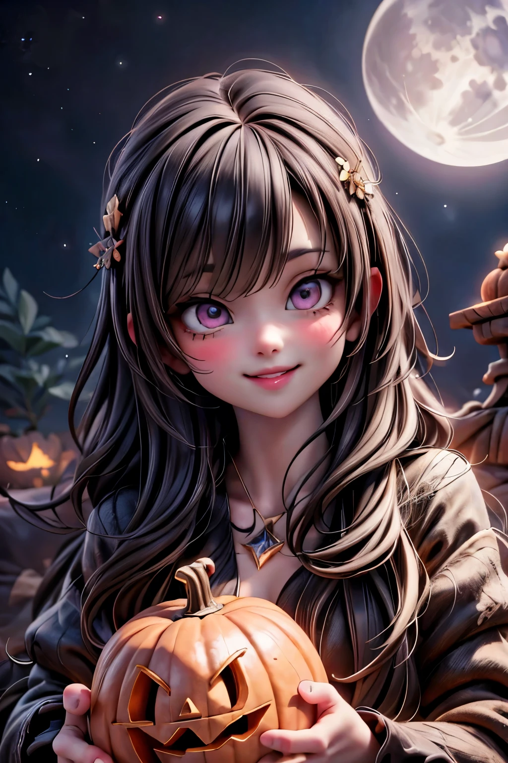 a cute witch smiling, (carving) a pumpkin, full moon at night, 1girl, beautiful detailed eyes,beautiful detailed lips,extremely detailed face and features, long hair, smiling, pumpkin carving, night sky, full moon, starry night, detailed environment, fantasy, vibrant colors, dramatic lighting, highly detailed, cinematic, photorealistic, (best quality,4k,8k,highres,masterpiece:1.2),ultra-detailed,(realistic,photorealistic,photo-realistic:1.37)
