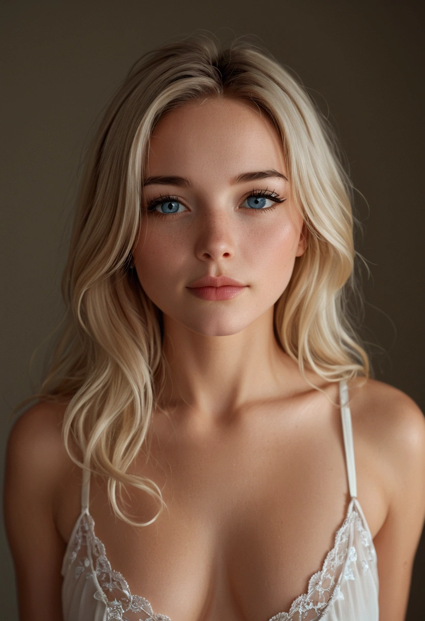  Une fille blonde russe en sous vêtement ????. elle a les yeux bleus gris. Her straight, slightly wavy blonde hair, long and thick. Ses yeux bleus gris, with long, dark eyelashes. a straight and slightly upturned nose. Elle porte des sous vêtements ????