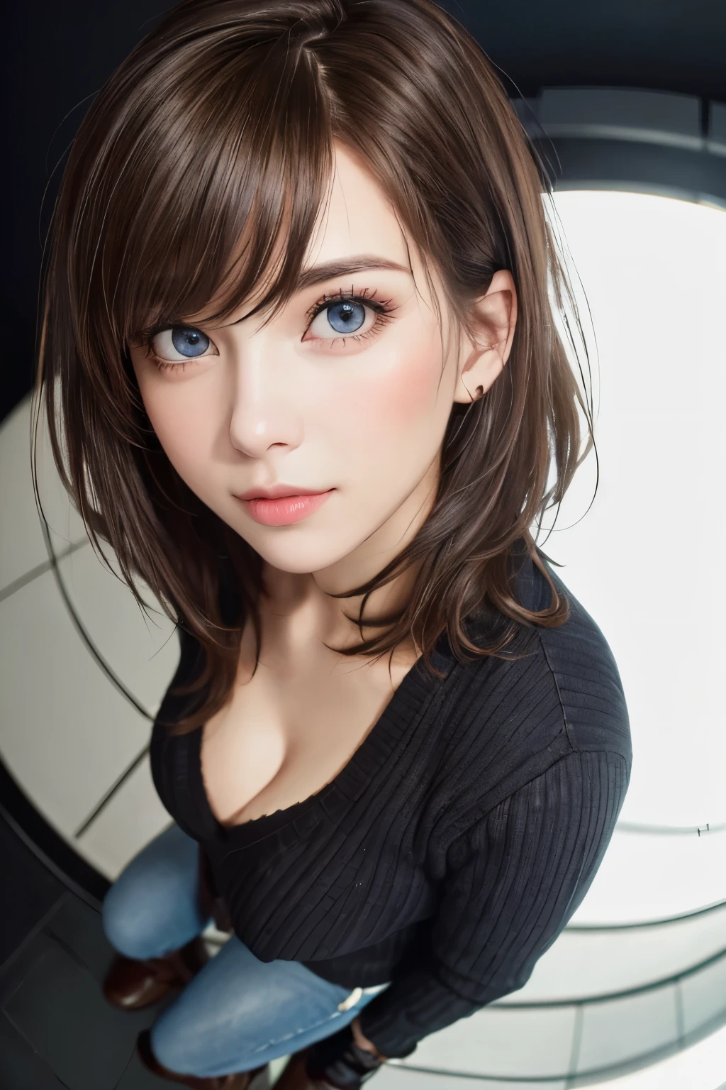 (Representative works:1.3)、(photorealistic、Raw photo、Highest image quality:1.4)、(30 years old brunette woman), European woman, small face、beautiful face、(realistic face)、no makeup, sharp cleavage, (Dark brown, short hair:1.3)、beautiful hairstyle、realistic eyes、beautiful detailed eyes、 (photorealistic skin)、(sweater, jeans pants, boots),, Bust E cu ,(high-angle:1.3, a closeup, Fisheye:1.4),
