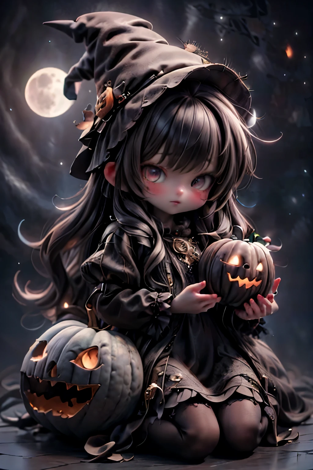 masterpiece, best quality, high resolution, highly detailed, a cute witch playing with a halloween pumpkin head man at night, full moon in the background, hyperrealistic, 8k, photorealistic, extremely detailed, cinematic lighting, dramatic colors, moody atmosphere, intricate details, award winning digital painting, fantasy art, dark magic, mystical, ethereal, mesmerizing, captivating