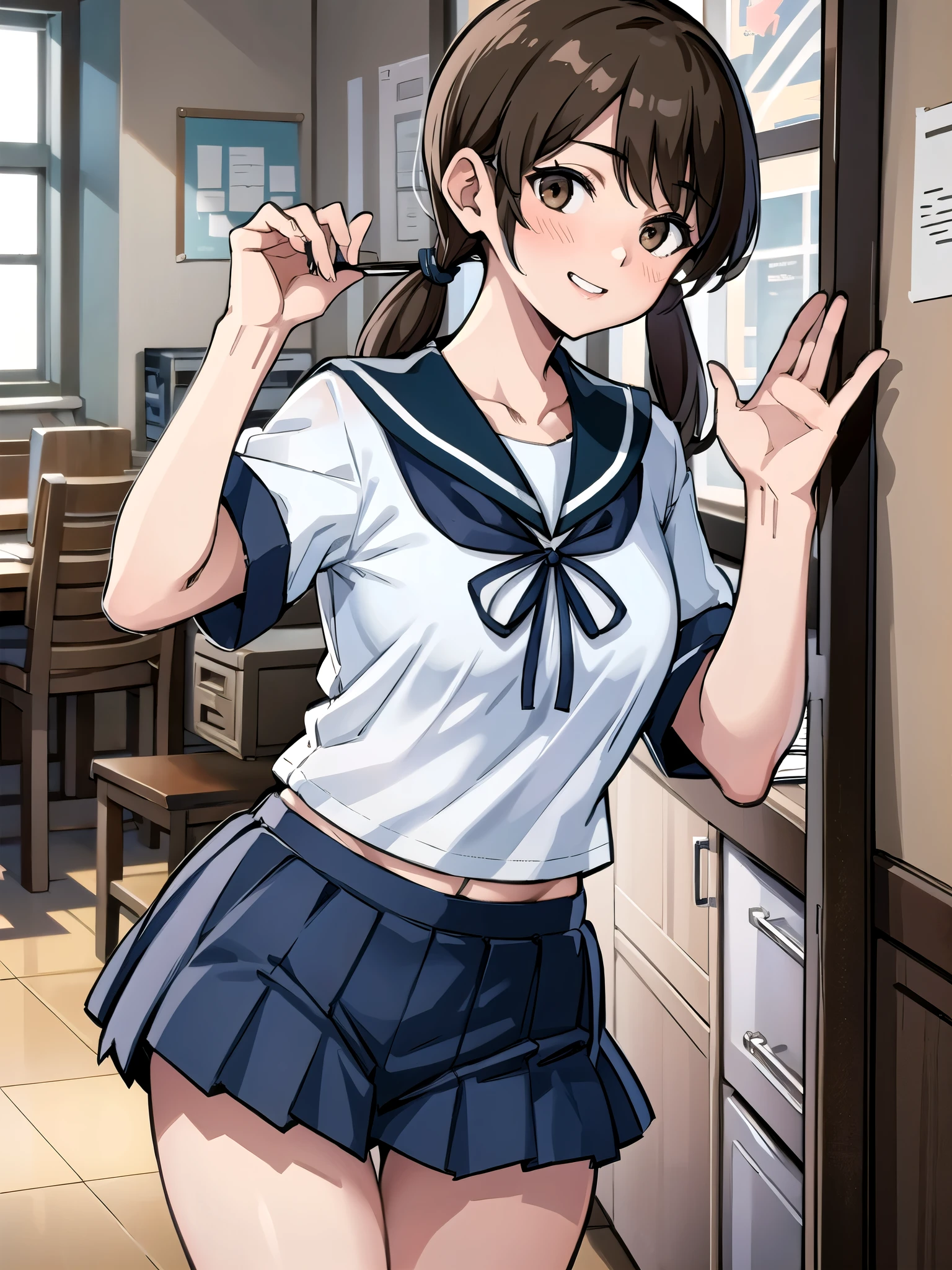 shirayukiKC, low twintails, short twintails, (masterpiece, Best Quality:1.2), Best Quality,  very detailed, masterpiece, 8k, high definition, one girl playing pranks,Alone, ( office,  living room ,  bedroom), White Sailor Suit, Short sleeve, smile, School_uniform,navy blue pleats_skirt,  navy blue pleatsskirt,(  close-up shot ), Slender body,,(( panties), (Bra), ( Innerwear))