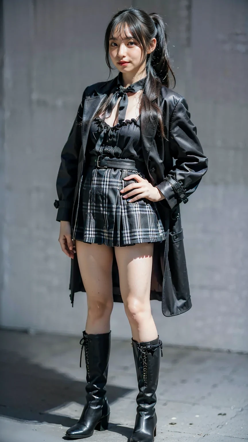 (8k、RAW photo、Best Quality、masterpiece:1.2)、(Realistic、Realistic)、1 person、((Black Dress、Long coat、 plaid mini skirt 、 big breasts at the temple、 medium hair、Black boots、 ponytail、Thin legs、Ribbon on waist、white background、whole body、 standing with hands on hips )、cute