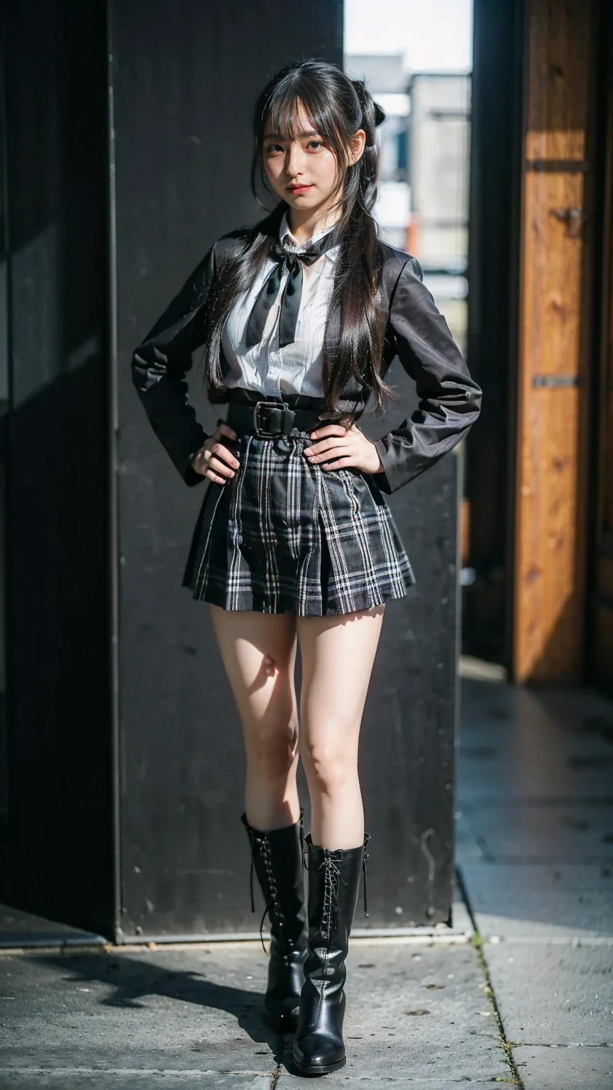 (8k、RAW photo、Best Quality、masterpiece:1.2)、(Realistic、Realistic)、1 person、((Black Dress、Long coat、 plaid mini skirt 、 big breasts at the temple、 medium hair、Black boots、 ponytail、Thin legs、Ribbon on waist、white background、whole body、 standing with hands on hips )、cute