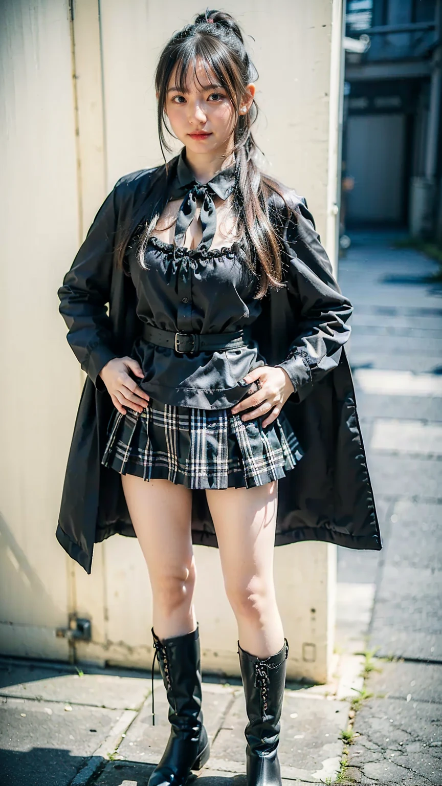 (8k、RAW photo、Best Quality、masterpiece:1.2)、(Realistic、Realistic)、1 person、((Black Dress、Long coat、 plaid mini skirt 、 big breasts at the temple、 medium hair、Black boots、 ponytail、Thin legs、Ribbon on waist、white background、whole body、 standing with hands on hips )、cute