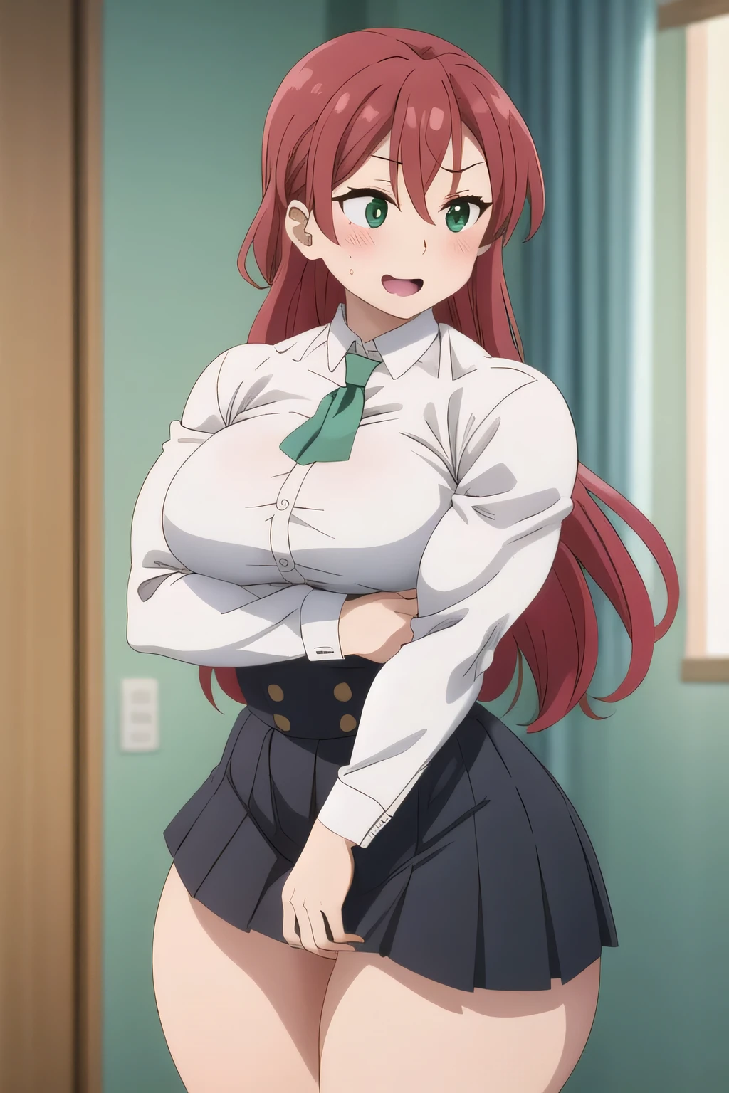 masterpiece, perfect lighting, (beautiful, best quality:1.4), perfect eyes, absurdres, 8k;
1girl, solo, bedroom, (absurdres), finely detailed, joyful face, smile, open mouth, (bulky:1.4), lean build, red hair, blushing, excited, green eyes, black pupils, very long hair, large breasts, biceps, triceps, abs, obliques, wide hips, (thick thighs:1.4), quads, hamstrings;
(dress shirt: white, buttons, long sleeves), red ascot, (skirt: high waist, buttons, pleated, black), pantyhose.