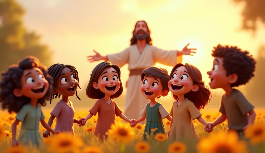 Create a 3d disney pixar style of a joyful, colorful scene of ren from diverse backgrounds gathered together, smiling and holding hands in a sunny field. In the background, a gentle, loving figure of Jesus stands with open arms, radiating warmth and kindness. The ren are laughing and looking up at Jesus with excitement. The scene is bright, filled with warm colors like yellow, blue, and green, creating a happy, welcoming atmosphere. Large, playful text in a -friendly font reads, “Jesus Loves the Little ren.”
