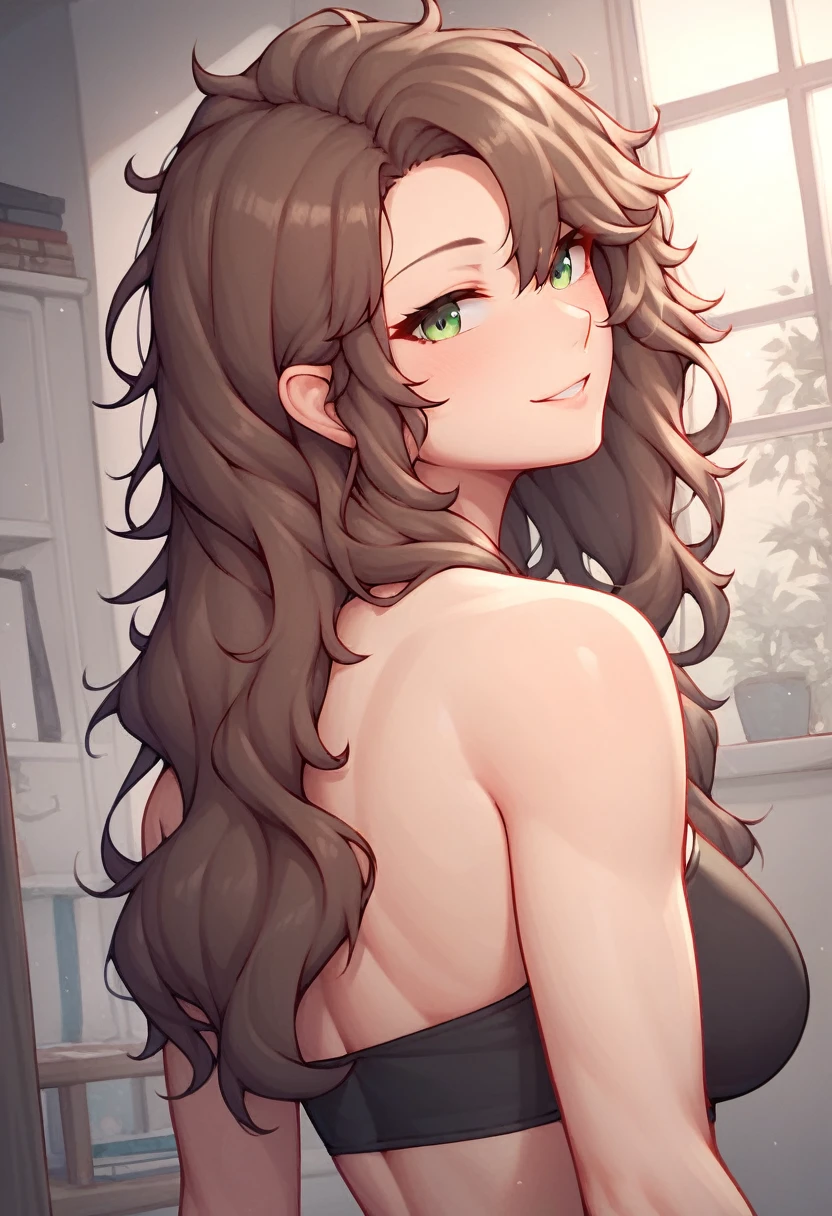 score_9, score_8_up, score_7_up, score_6_up, score_5_up, score_4_up, source_anime, 1girl, lisadef, upper body, sexy smile, +18, sexy woman, brown hair, long hair, green eyes, messy hair, black bikini, full body, worth,  turn your back, room, best quality, best res, 4K UHD,
 