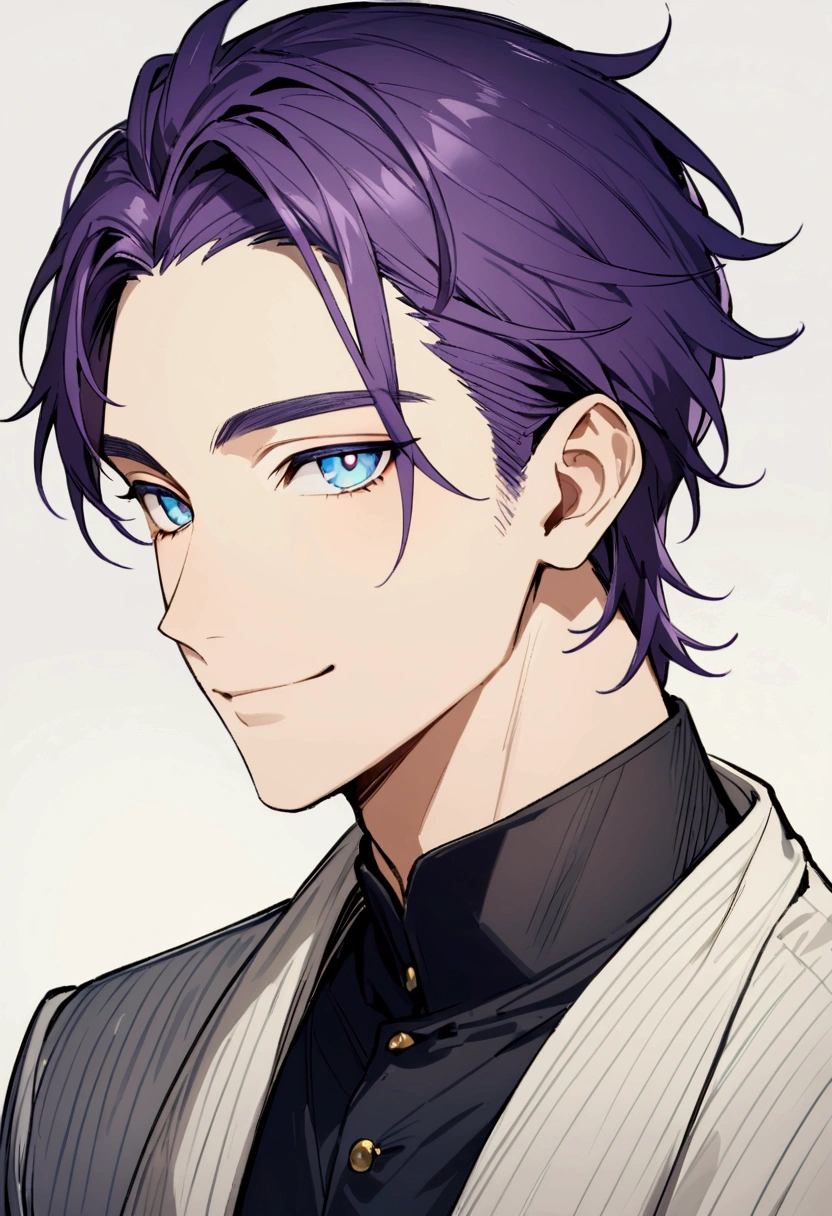 whole body、Character portrait、male、masterpiece、Handsome、The forehead is visible、1 man,  purple Hair、Worn suit、Jacket、Give bangs、Showing his forehead、Handsome、Intricately drawn eyes、good looking、((blue eyes)), 30 years old, handsome male, beautiful smile