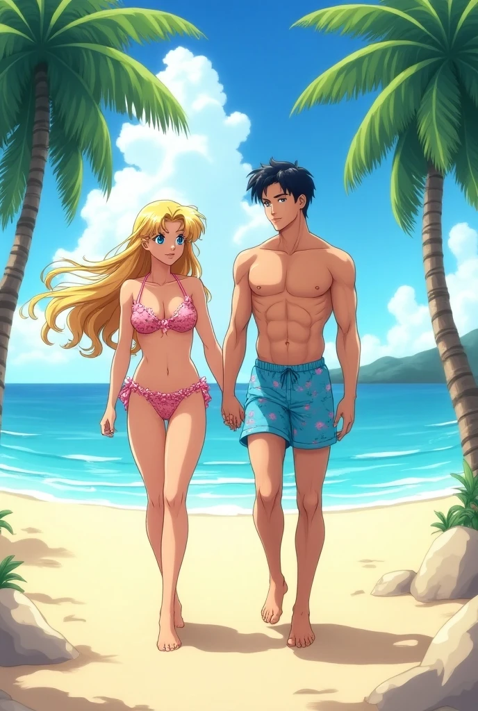 detailed anime style, young couple, (1 guy 1 girl), boyfriend and girlfriend, standing next to each other at the beach, (extreme height difference), (size difference); boyfriend: (tall), wide shoulders, swim trunks, blonde hair, blue eyes, hot, cute, muscular; girlfriend: slim, bikini, (huge boobs), ((gigantic ass)), (short), hot, ass shelf, blonde hair,