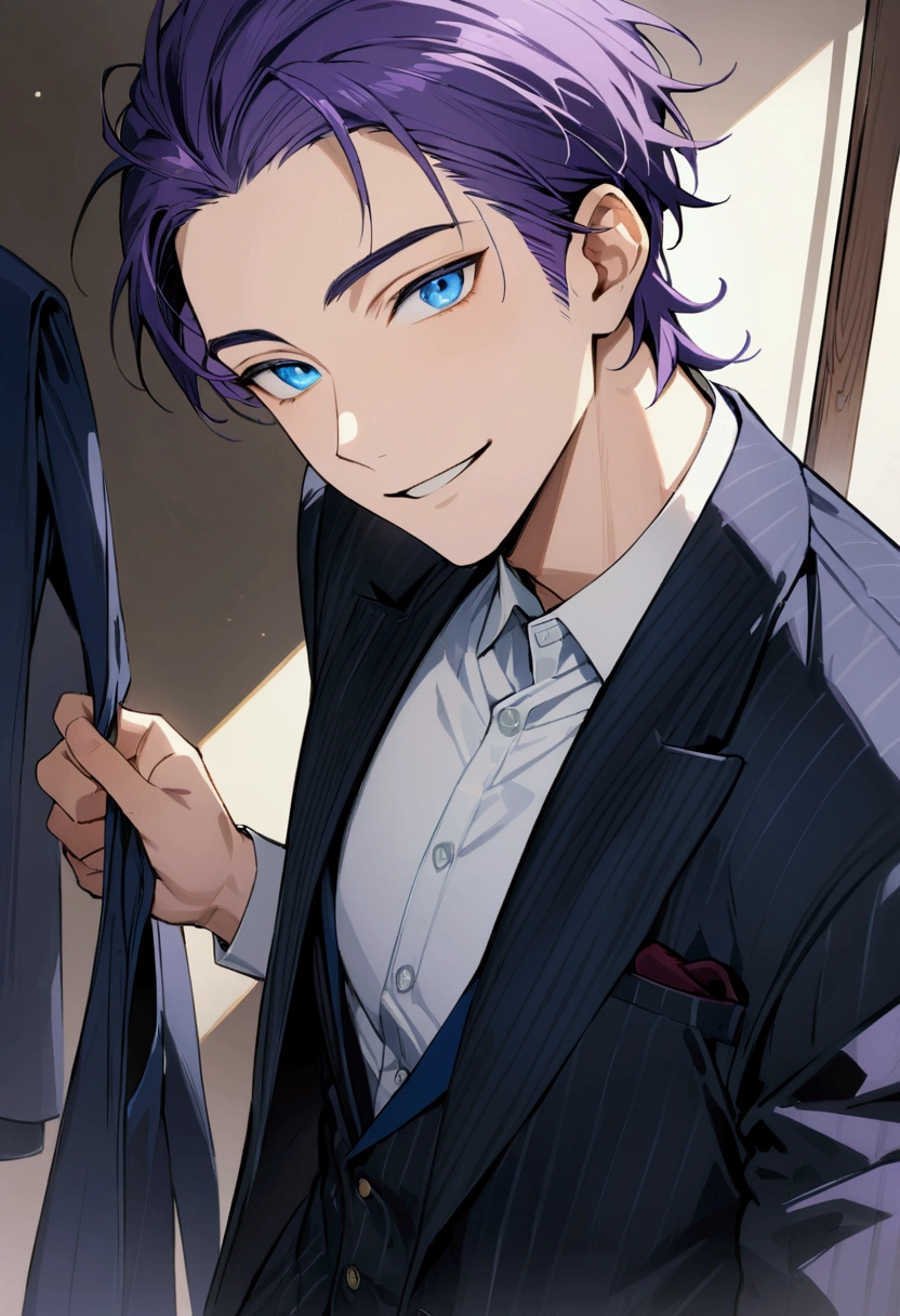 whole body、Character portrait、male、masterpiece、Handsome、The forehead is visible、1 man,  purple Hair、Worn suit、Jacket、Give bangs、Showing his forehead、Handsome、Intricately drawn eyes、good looking、((blue eyes)), 30 years old, handsome male, beautiful smile