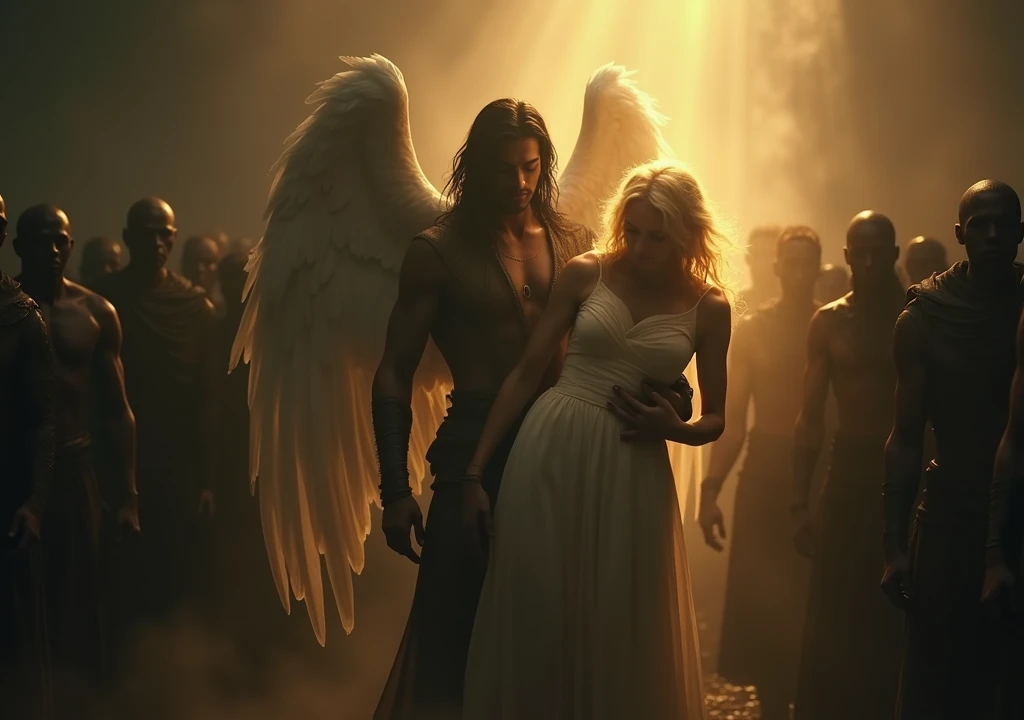 1 primal man with black wings and dark claws, strong and powerful, black hair and silver eyes,It must be floating in the sky with the moon behind it, In her arms she carries a young man with platinum blonde hair and white skin, with fine but manly features, with a delicate and ethereal appearance and blue eyes, wrapped in a white silk blanket.