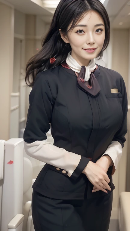 (a masterpiece portrait of a woman with ultra detailed features, in 8K resolution, with crisp quality and vibrant colors), (from front, look at viewer), (Alone、 35 year old mature woman 、 Slim Body ), (Realistic style with JAL flight attendant uniform), ( standing at the airport information counter,  Professional Writing), A proper woman,  beautiful face, (JAL flight attendant uniform:1.4), (long sleeve JAL flight attendant uniform ), ( scarf around the neck ), Big Breasts, (Dark brown hair,  long hair upstyle 、bread), Perfect Makeup、 perfect face、Beautiful forehead、Beautiful clavicle、 white skin、 Teal Eyelids、 anatomically correct hands、Accurate facial depiction、Accurate eye depiction、Front View、 anatomically correct legs 、Beautiful eye depiction、
