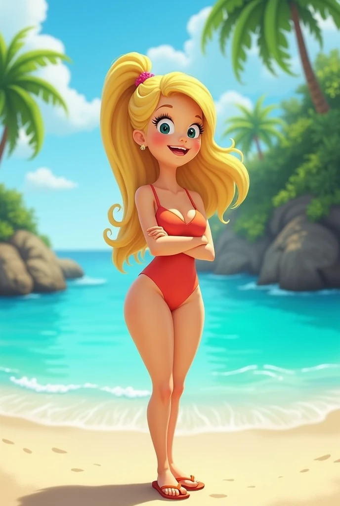 A beautiful skinny woman red lips delicate face with thin skinny arms , thin skinny legs and thin waist, very huge breast , on waterfall in sexy micro bikini ,pearls,soaking wet, show whole body standing in seductive pose