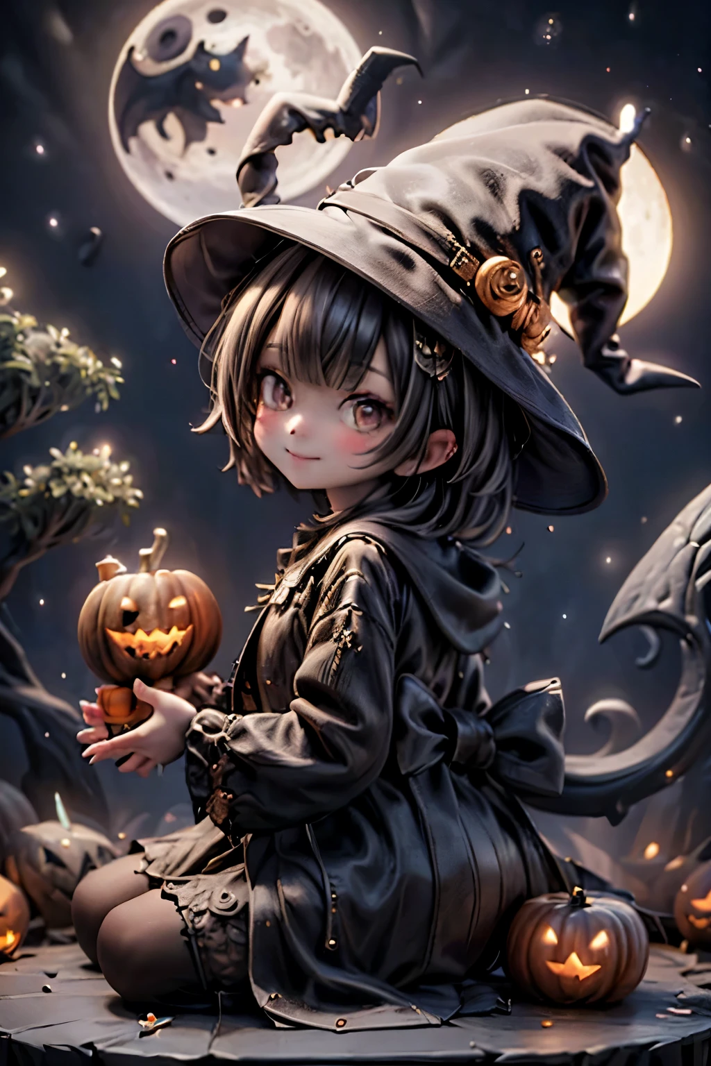 masterpiece, best quality, highly detailed, a cute witch smiling, decorating her house for halloween, halloween  ambient, nighttime, moon at backgorund