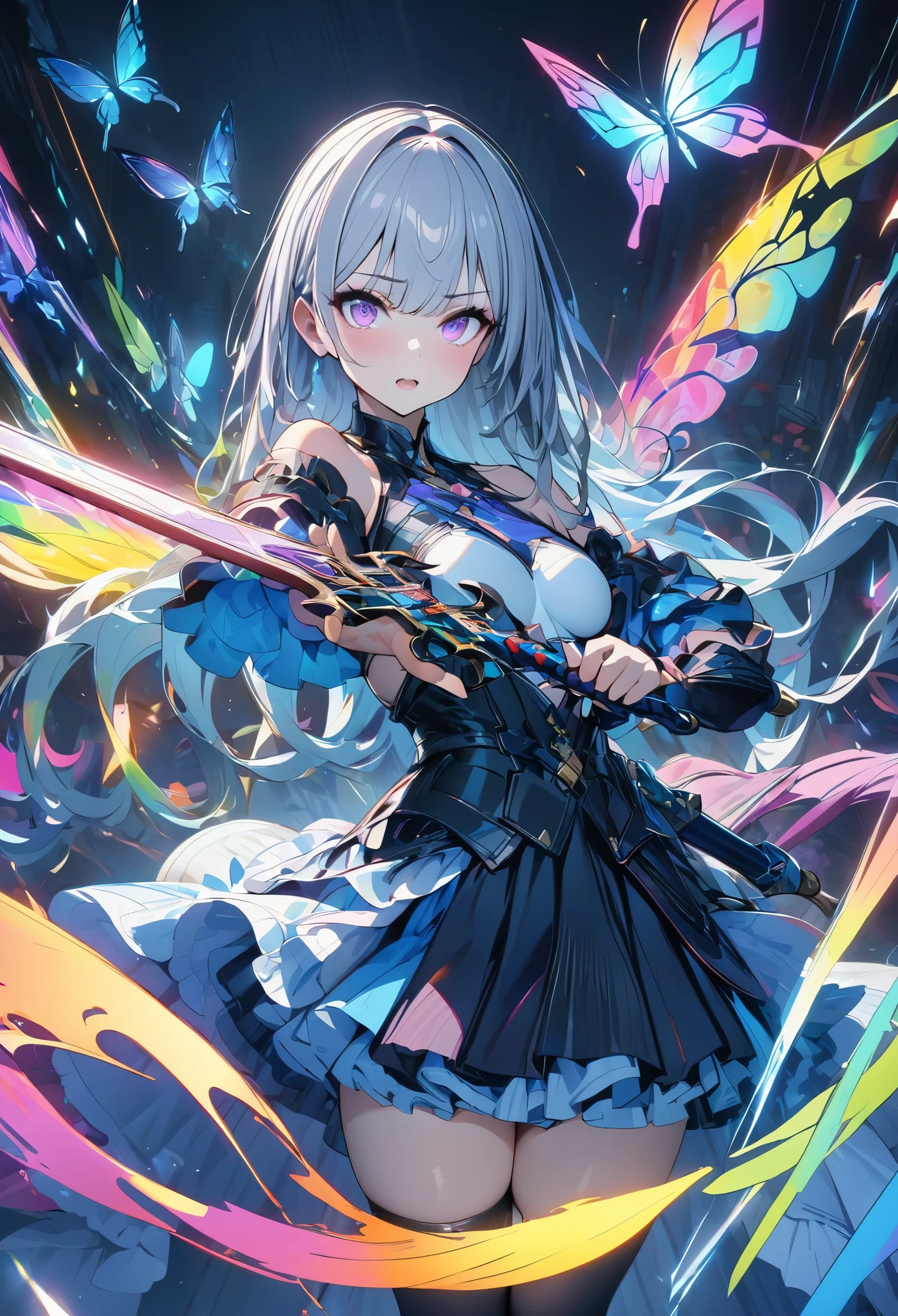 (masterpiece,  best quality:1.2,UHD,High Resolution),colorful,  1 girl, Gray Hair,  purple eyes,  dual weeding that destroys reality , sword,  sword, Blue Flame, Shine, Shine武器,  light particles , wallpaper,  chromatic avalations ,  too much exposed skin  , skirt、 Black Knee High 、Destroying reality、I can see the rainbow butterfly 、Diffuse reflection of light、Sword Dance、 laser beam、Dancing Flames、magic