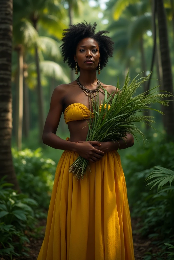 ((there are a few corn plants in a lonely meadow)), ((Zoe Saldana stands next to the corn plants)), (small head), ((jute tube top)), ((jute skirt)), (photorealistic), (ray tracing), (cinema lighting), (sharp focus), natural and realistic skin textures, ((round breasts)), (tousled hair)