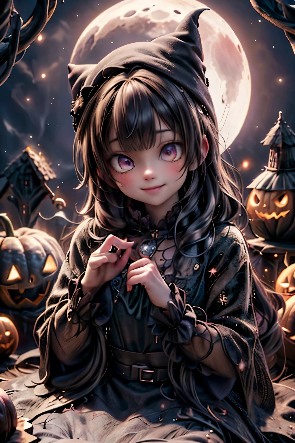 a cute witch smiling, decorating her house for halloween, halloween ambient, nighttime, moon at background, highly detailed, best quality, masterpiece, (realistic:1.37), (photorealistic:1.37), 8k, hdr, ultra detailed, intricate details, vibrant colors, dramatic lighting, warm colors, spooky atmosphere, jack-o'-lanterns, cobwebs, bats, haunted house, dark forest background