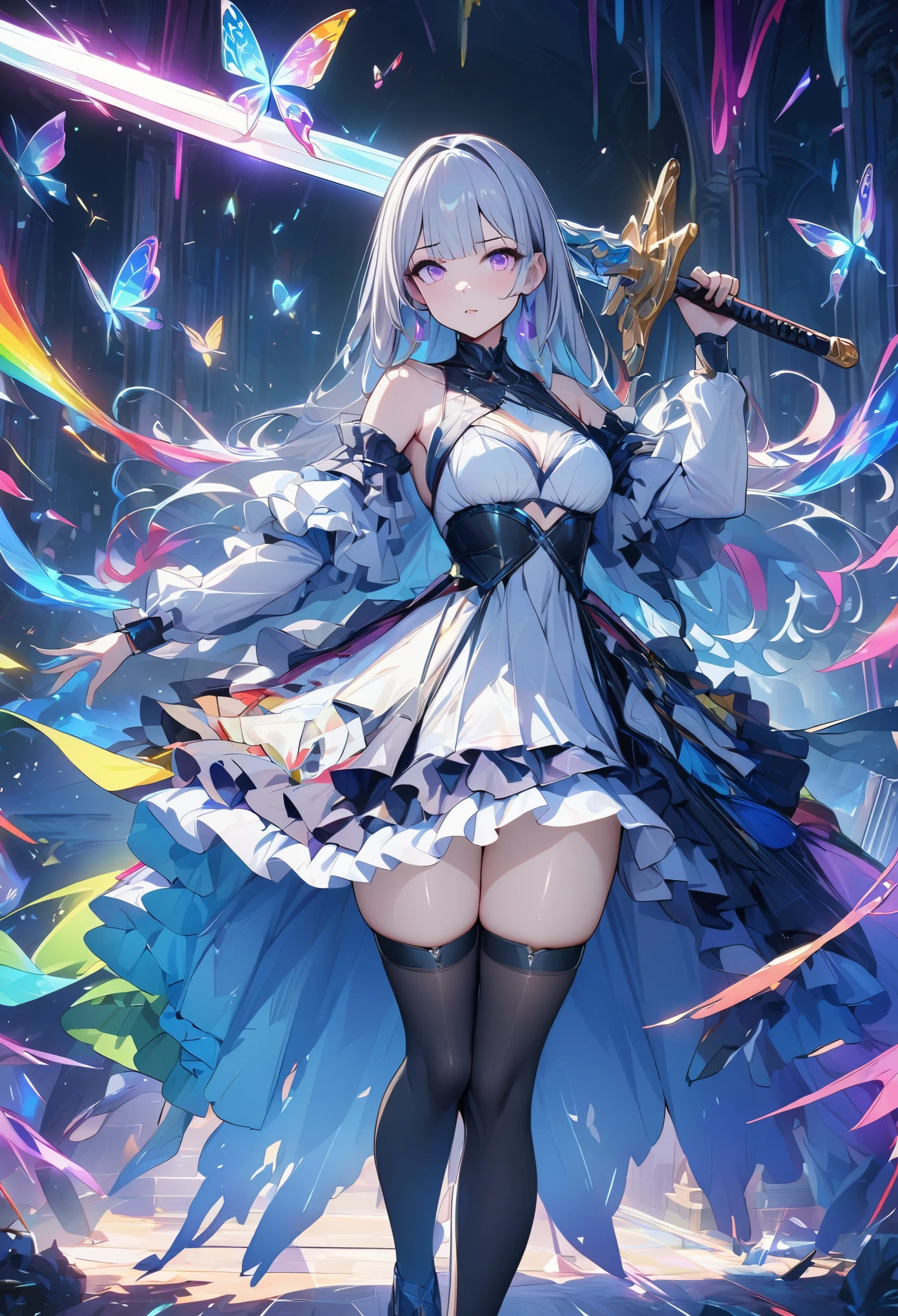 (masterpiece,  best quality:1.2,UHD,High Resolution),colorful,  1 girl, Gray Hair,  purple eyes,  dual weeding that destroys reality , sword,  sword, Blue Flame, Shine, Shine武器,  light particles , wallpaper,  chromatic avalations ,  too much exposed skin  , skirt、 Black Knee High 、Destroying reality、I can see the rainbow butterfly 、Diffuse reflection of light、Sword Dance、 laser beam、Dancing Flames、magic、月は綺麗にShine