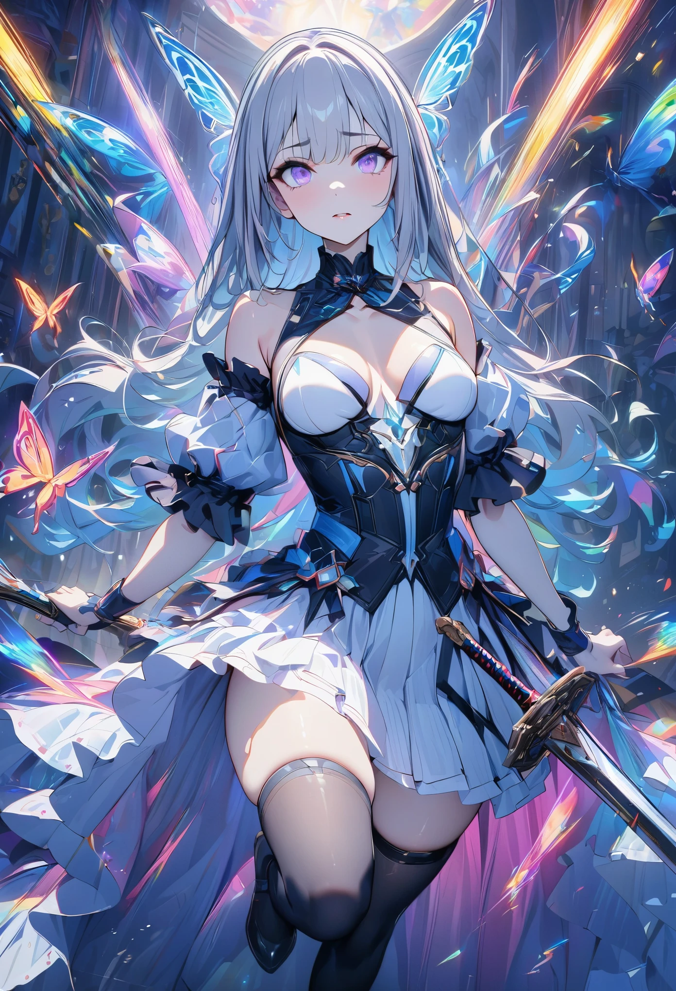 (masterpiece,  best quality:1.2,UHD,High Resolution),colorful,  1 girl, Gray Hair,  purple eyes,  dual weeding that destroys reality , sword,  sword, Blue Flame, Shine, Shine武器,  light particles , wallpaper,  chromatic avalations ,  too much exposed skin  , skirt、 Black Knee High 、Destroying reality、I can see the rainbow butterfly 、Diffuse reflection of light、Sword Dance、 laser beam、Dancing Flames、magic、月は綺麗にShine