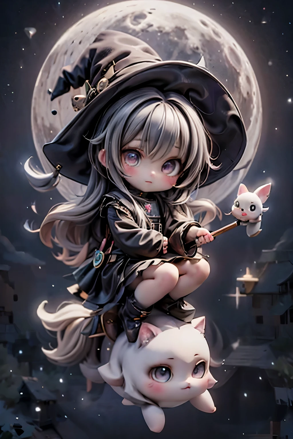 a cute chibi witch riding a broom in the sky, flying, moon at background, 