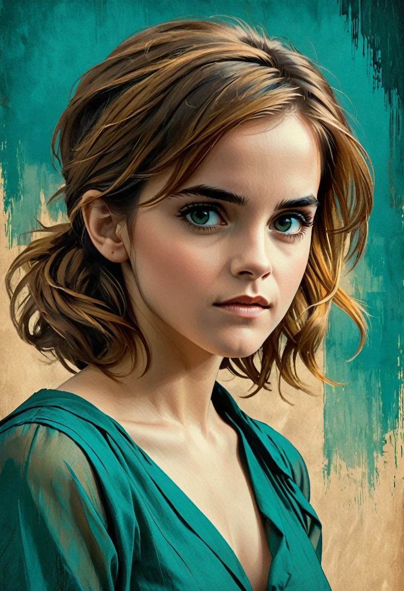 Emma Watson, A woman in a situation ?, OUTLINE,  amber to teal color palette , detailed features, , Vintage style,  high-contrast lighting , expressive eyes,  disheveled hair . ( Best quality , high res, realistic:1.37), Vintage, monochrome, intense gaze,  dramatic lighting , rough background ,   aged paper texture , retro vibes ,  Identification Photo, front view,  Surround the woman with abstract art clichés, 