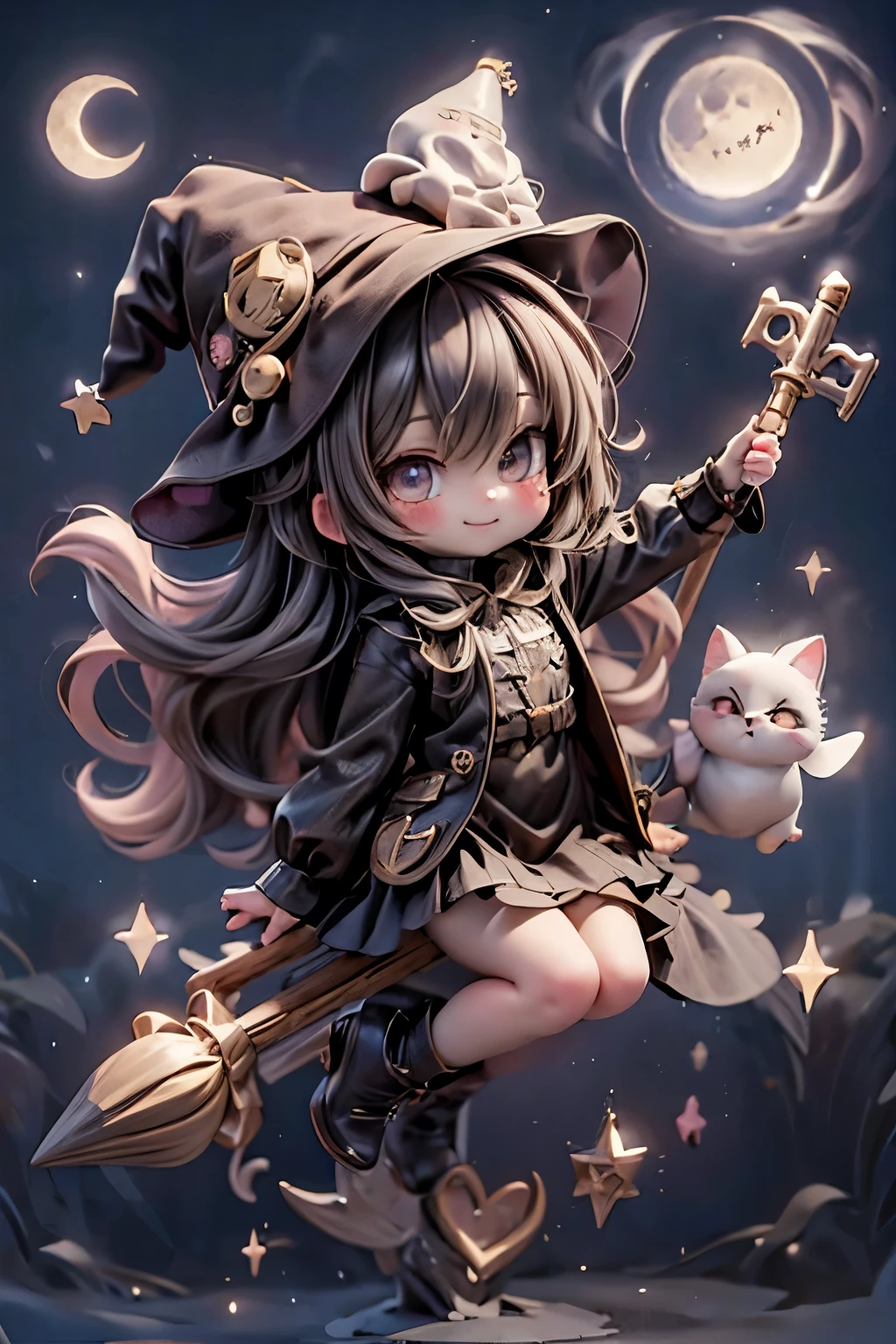 a cute chibi witch smiling riding a broomstick in the sky, flying, moon at background,