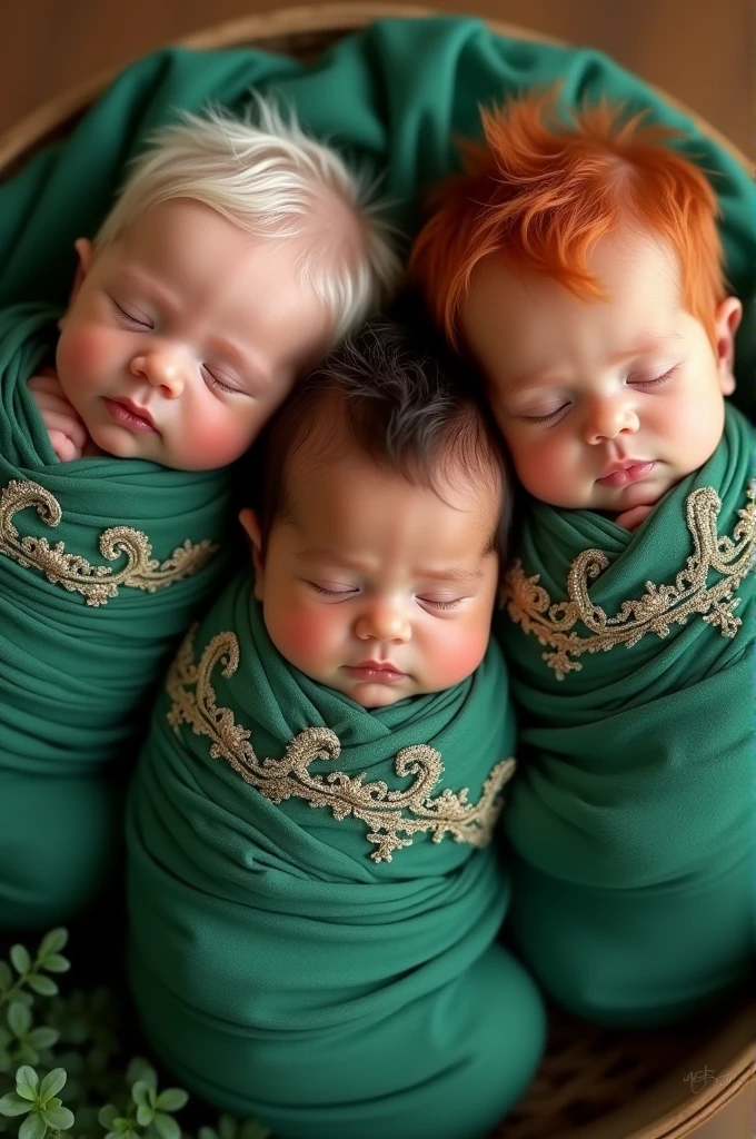 three babies in a bassinet. Two identical boys with tan skin and chestnut hair wearing canary yellow and amber blanket and the girl has fair skin green eyes and red hair in a medium pistachio blanket