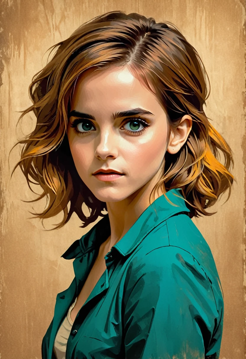 Emma Watson, A woman in a situation ?, OUTLINE,  amber to teal color palette , detailed features, , Vintage style,  high-contrast lighting , expressive eyes,  disheveled hair . ( Best quality , high res, realistic:1.37), Vintage, monochrome, intense gaze,  dramatic lighting , rough background ,   aged paper texture , retro vibes ,  Identification Photo, front view,  Surround the woman with abstract art clichés, 