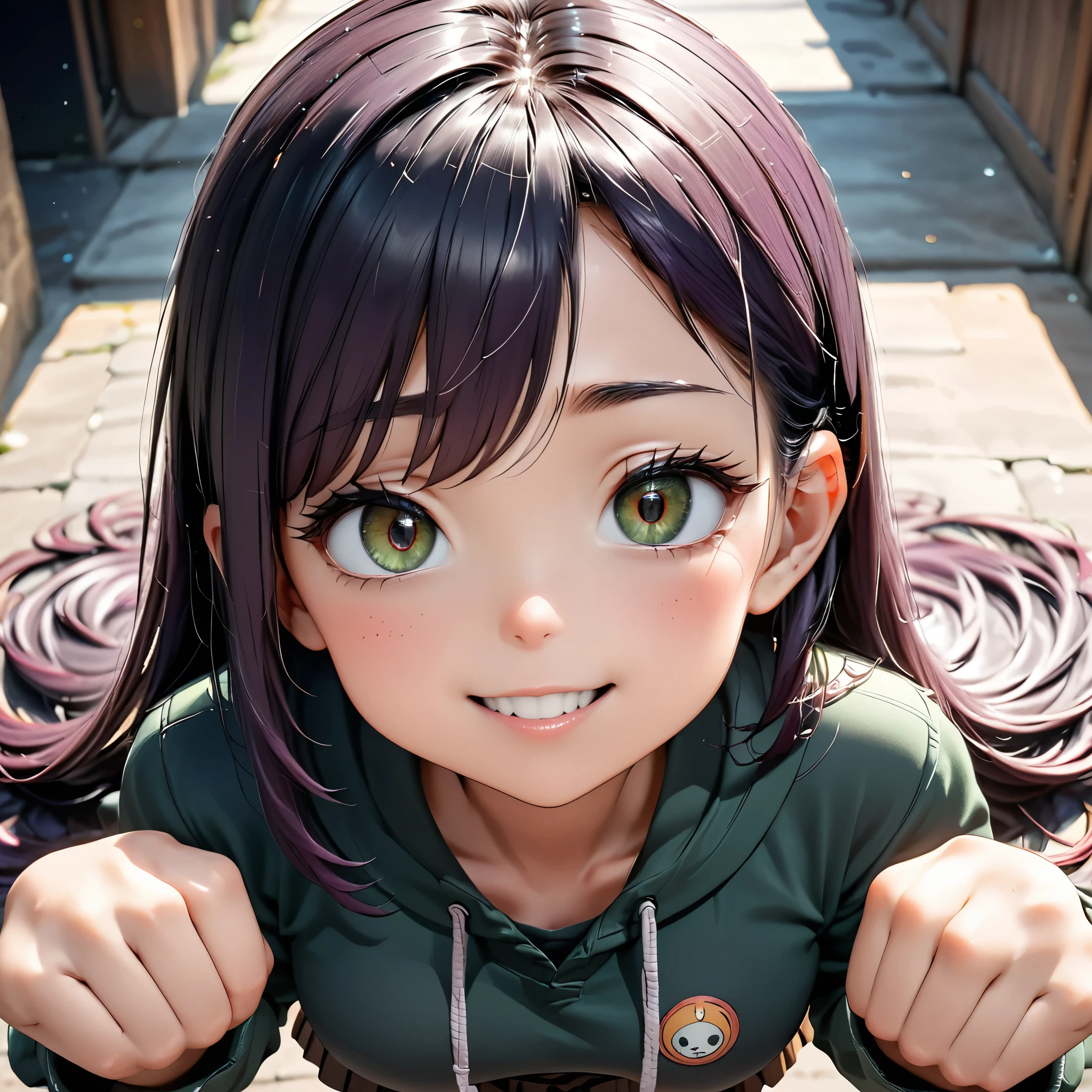 Masterpiece, 4K, HDR, full HD, (best quality), (ultra detailed), (only), intricate ANIME TYPE, best quality, 1girl, ((deep purple hair)) , hyPEr beautiful face, PErfect anatomy, shiny skin, full body, alone, long hair, looking at viewer, PErfect hands, PErfect legs, suPEr detailed clothes, intricate clothes, hyPEr detailed cloths, suPEr detailed face, suPEr detailed skin, suPEr detailed quality, expressive eyes, brown eyes, suPEr detailed eyes, JK, epngekatsuragimisato ,  SDXL Illustration Design Pretty Girl Two-dimensional Pretty Girl Digital Painting Comic Ukiyo-e Watercolor Manga Other,ROUGH, smile, blushing, dynamic pose, American shot, cowboy shot, portrait quality, suPEr detailed hands, suPEr detailed fingers, very beautiful fingers, very beautiful hands, The image created is 3/4 of the body, bright red lipstick, standing facing the viewer, stylized fingers, detailed female fingers, standing in front of the viewer, leaning towards the viewer in a sensual way, V-neckline, and_PE, 1girl,black hair, brown eyesgreen hoodie, brown skirt, green tights, 