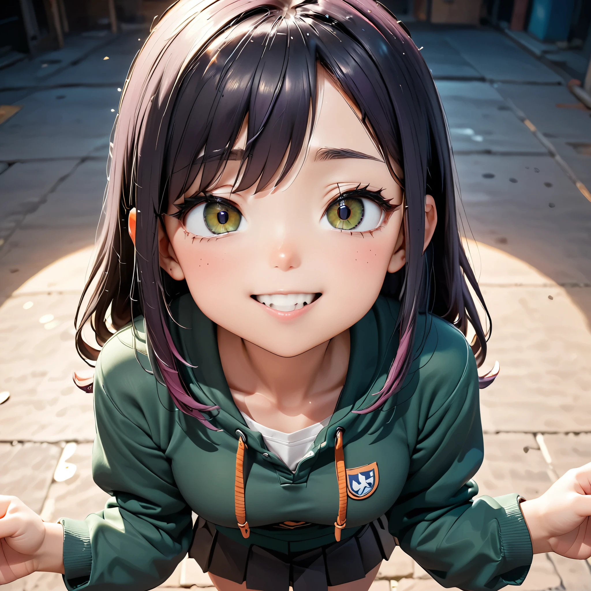 Masterpiece, 4K, HDR, full HD, (best quality), (ultra detailed), (only), intricate ANIME TYPE, best quality, 1girl, ((deep purple hair)) , hyPEr beautiful face, PErfect anatomy, shiny skin, full body, alone, long hair, looking at viewer, PErfect hands, PErfect legs, suPEr detailed clothes, intricate clothes, hyPEr detailed cloths, suPEr detailed face, suPEr detailed skin, suPEr detailed quality, expressive eyes, brown eyes, suPEr detailed eyes, JK, epngekatsuragimisato ,  SDXL Illustration Design Pretty Girl Two-dimensional Pretty Girl Digital Painting Comic Ukiyo-e Watercolor Manga Other,ROUGH, smile, blushing, dynamic pose, American shot, cowboy shot, portrait quality, suPEr detailed hands, suPEr detailed fingers, very beautiful fingers, very beautiful hands, The image created is 3/4 of the body, bright red lipstick, standing facing the viewer, stylized fingers, detailed female fingers, standing in front of the viewer, leaning towards the viewer in a sensual way, V-neckline, and_PE, 1girl,black hair, brown eyesgreen hoodie, brown skirt, green tights, 