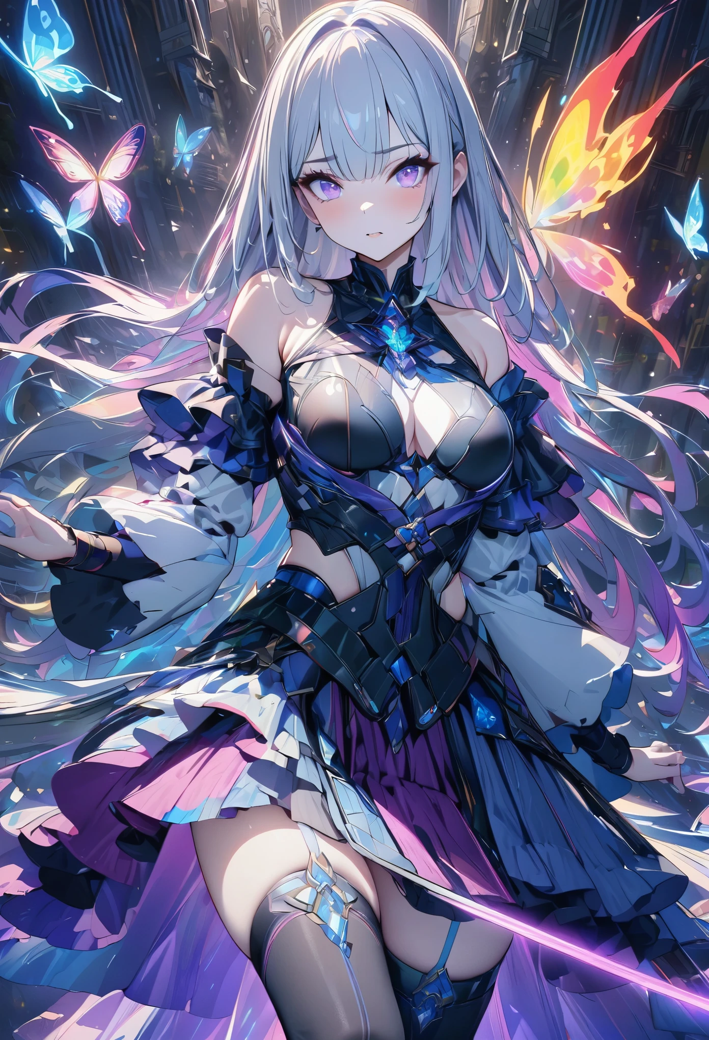 (masterpiece,  best quality:1.2,UHD,High Resolution),colorful,  1 girl, Gray Hair,  purple eyes,  dual weeding that destroys reality , sword,  sword, Blue Flame, Shine, Shine武器,  light particles , wallpaper,  chromatic avalations ,  too much exposed skin  , skirt、 Black Knee High 、Destroying reality、I can see the rainbow butterfly 、Diffuse reflection of light、Sword Dance、 Laser Beams、Flaming Flames 、magic