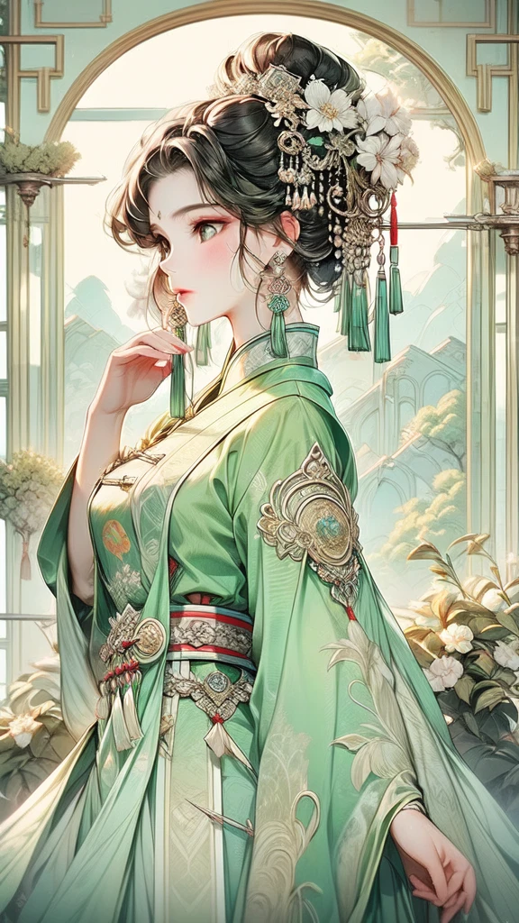 shepherdess：In the heart of rolling hills and vast nature，A young shepherdess is standing playing the flute.  Delicate facial features are engraved with a determined expression，Exuding strength and resilience。Her petite oriental features contrasted sharply with the magnificent scenery around her。in the background，Depicts a majestic wolf，Its huge silver fur and piercing green eyes reflect the oriental colors of the Chinese ethnic trend style illustration。The intricate details of her traditional costumes are on full display，Blend seamlessly into breathtaking surroundings，It embodies the national trend anime style with elegance and grace。